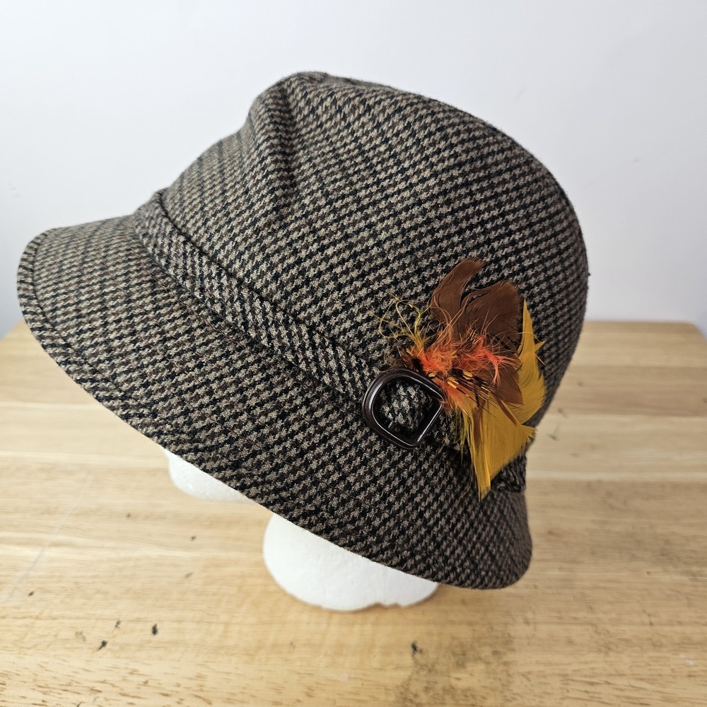 Vintage Mens 7 1/4 Tweed Plaid Tan Brown Fedora Feather Detective Classic Hat‎